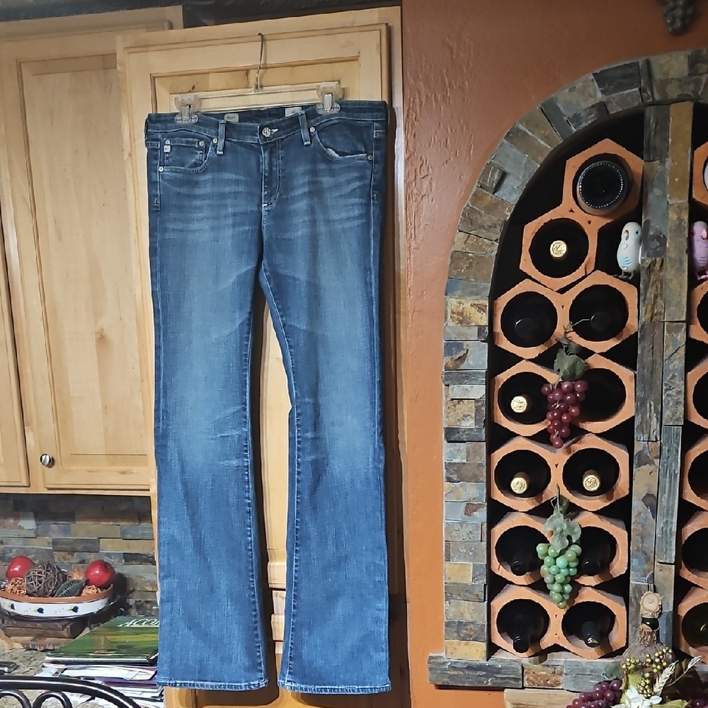 AG Adriano Goldschmied Belle Flare Jeans Mid Rise Distressed Blue Raw Hem Y2K